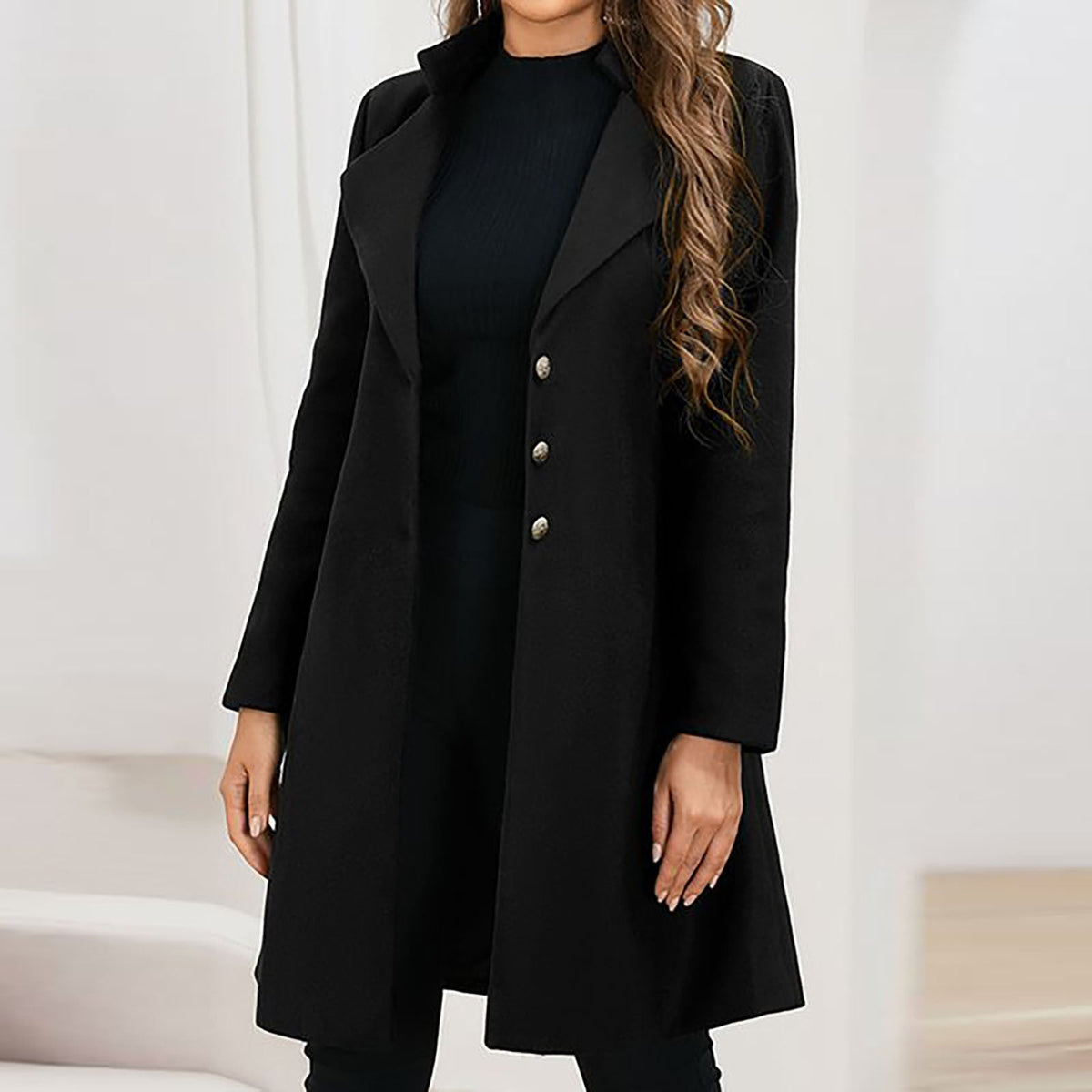 Women's Coat Notched Lapel Single-Breasted Mid-Thigh Length - Lolly 