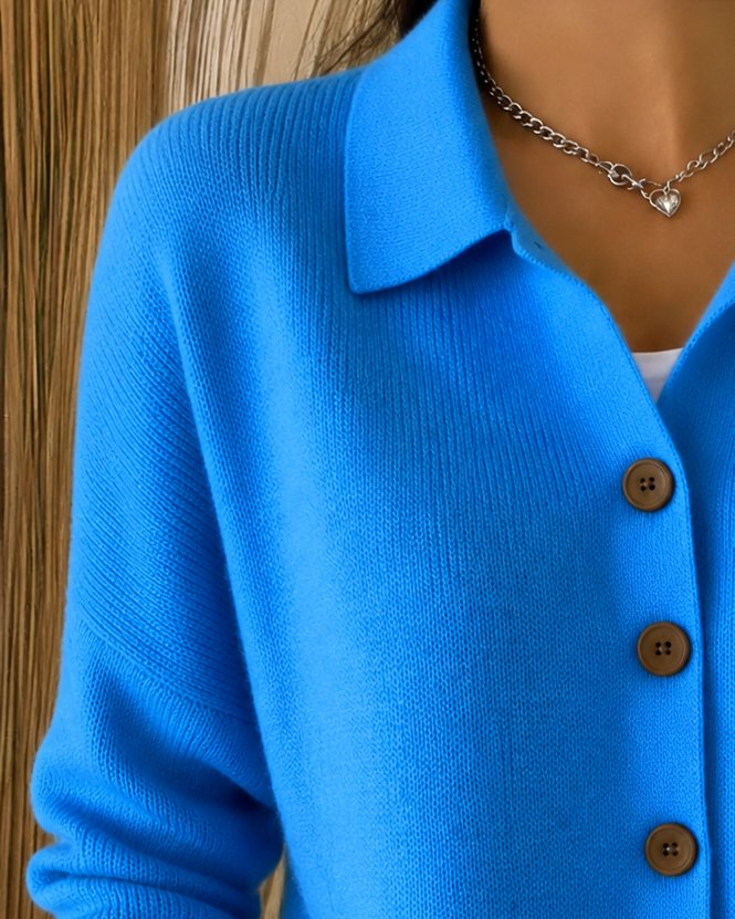 Women's Collared Knit Cardigan Relaxed Fit Button-Up Polo Collar Casual Everyday Sweater - Lolly 