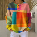 Women's Colorblock Long Sleeve Henley Sweater Waffle Knit Casual Pullover - Lolly 