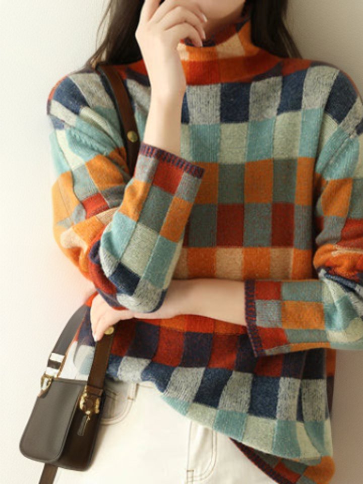 Women's Colorblock Turtleneck Sweater Relaxed Pullover Knit Casual Winter - Lolly 