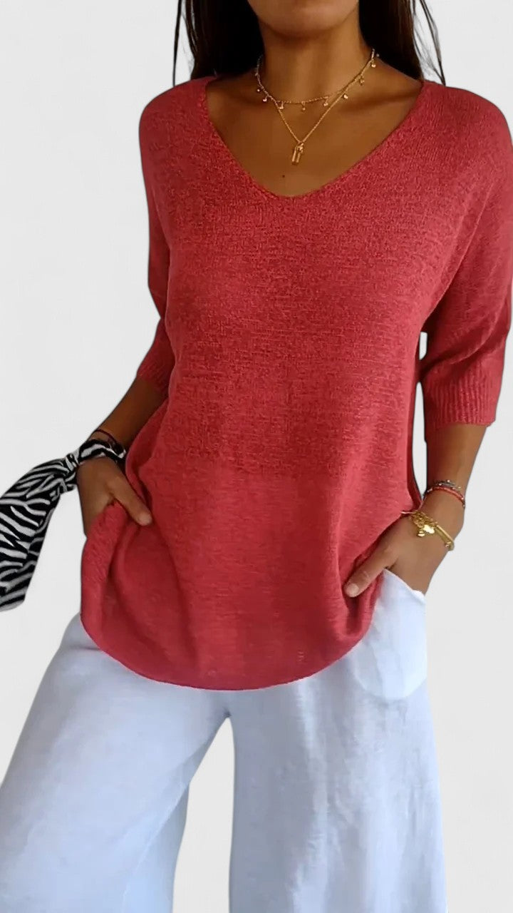 Women's Comfortable V-Neck Long Sleeve Top Flattering Wrinkle-Resistant Versatile – Sonylah - Lolly 