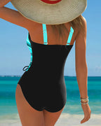 Women's Contrast Color Lace-Up One-Piece Swimsuit Wrap Front Colorblock Sleeveless Beach Summer Swimwear - Lolly 