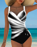 Women's Contrast Color Lace-Up One-Piece Swimsuit Wrap Front Colorblock Sleeveless Beach Summer Swimwear - Lolly 
