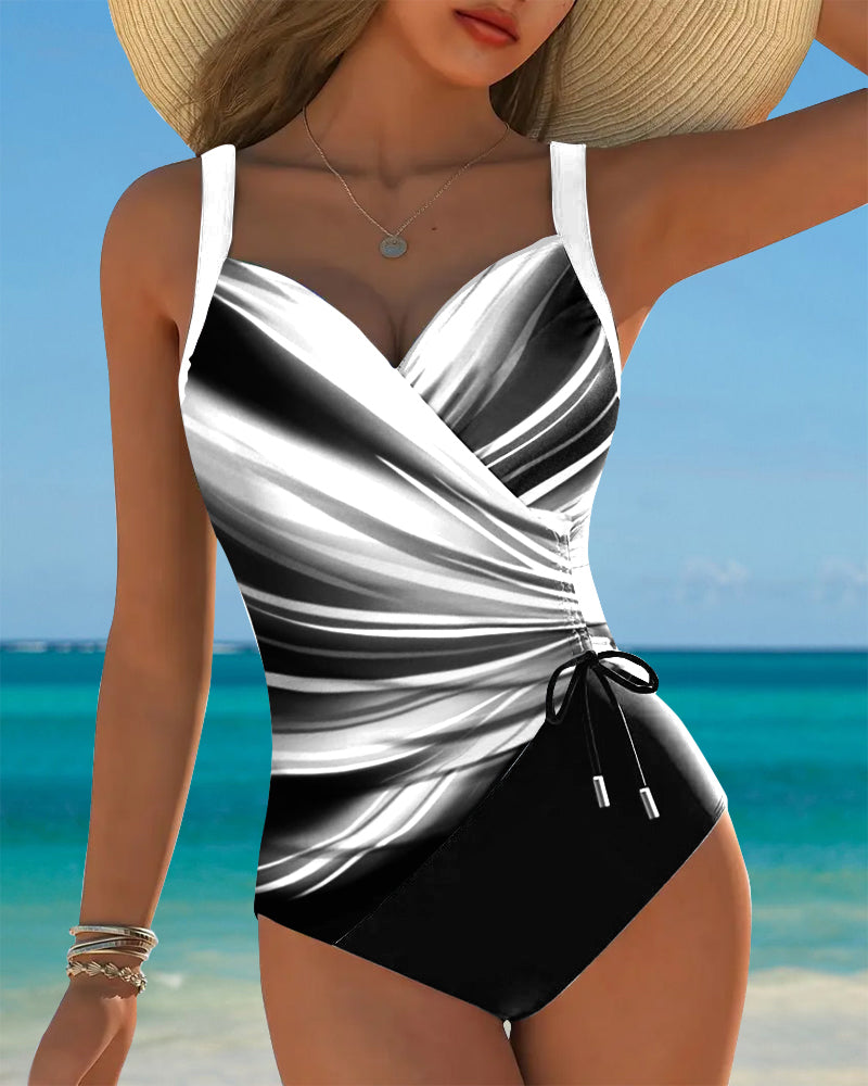 Women's Contrast Color Lace-Up One-Piece Swimsuit Wrap Front Colorblock Sleeveless Beach Summer Swimwear - Lolly 