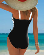 Women's Contrast Color Lace-Up One-Piece Swimsuit Wrap Front Colorblock Sleeveless Beach Summer Swimwear - Lolly 