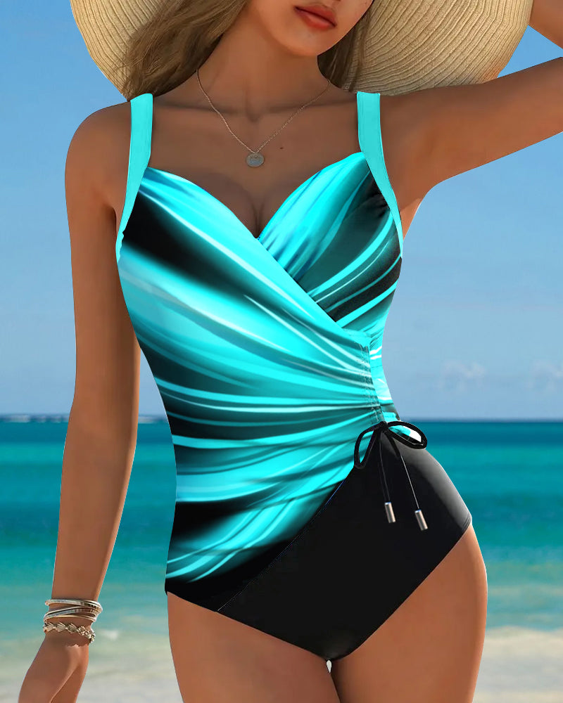 Women's Contrast Color Lace-Up One-Piece Swimsuit Wrap Front Colorblock Sleeveless Beach Summer Swimwear - Lolly 