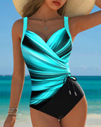 Women's Contrast Color Lace-Up One-Piece Swimsuit Wrap Front Colorblock Sleeveless Beach Summer Swimwear - Lolly 