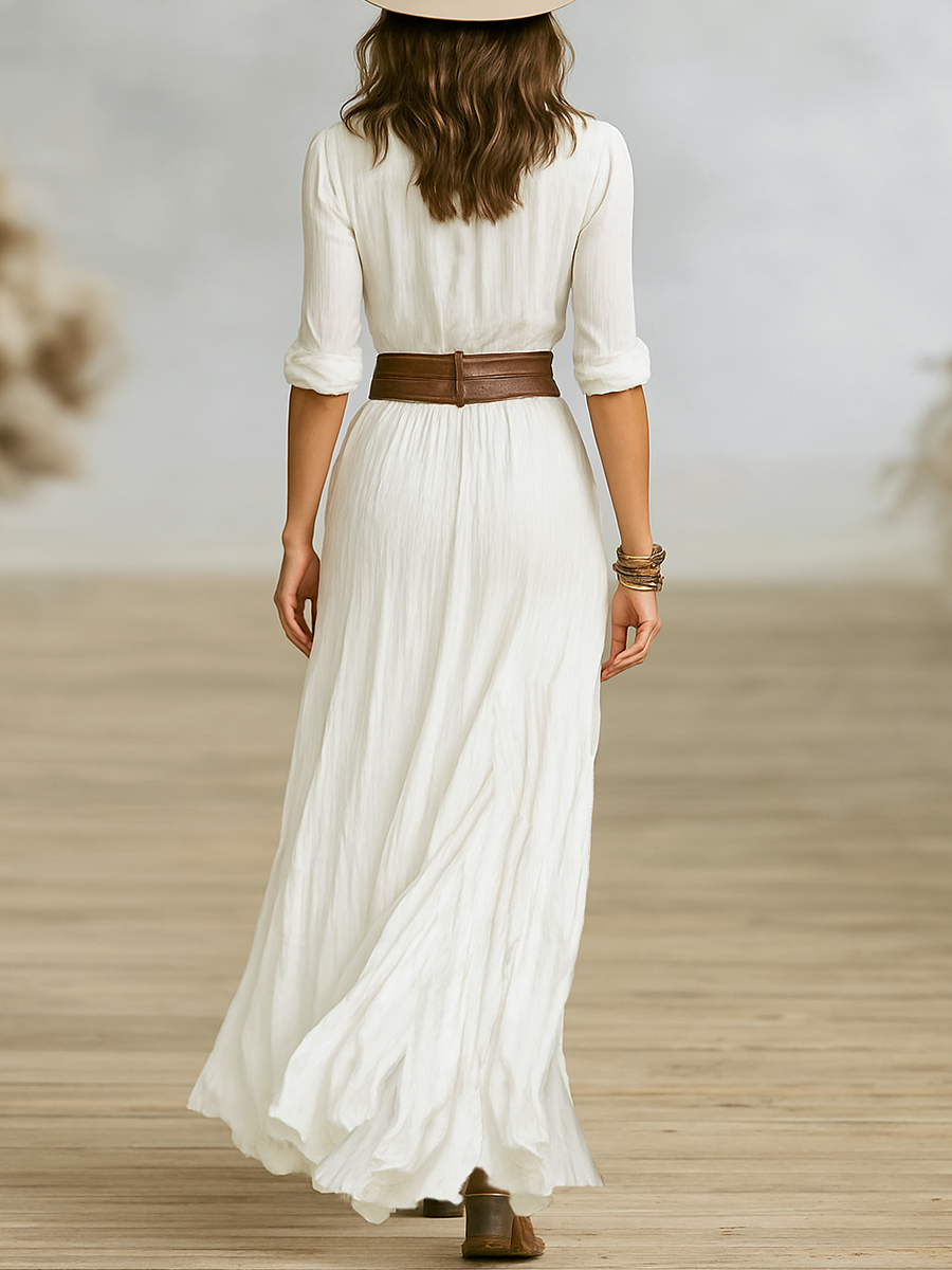 Women's Cotton And Linen Pleated Lapel Single-breasted Long-sleeved Long Dress - Lolly 