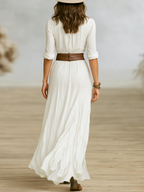 Women's Cotton And Linen Pleated Lapel Single-breasted Long-sleeved Long Dress - Lolly 