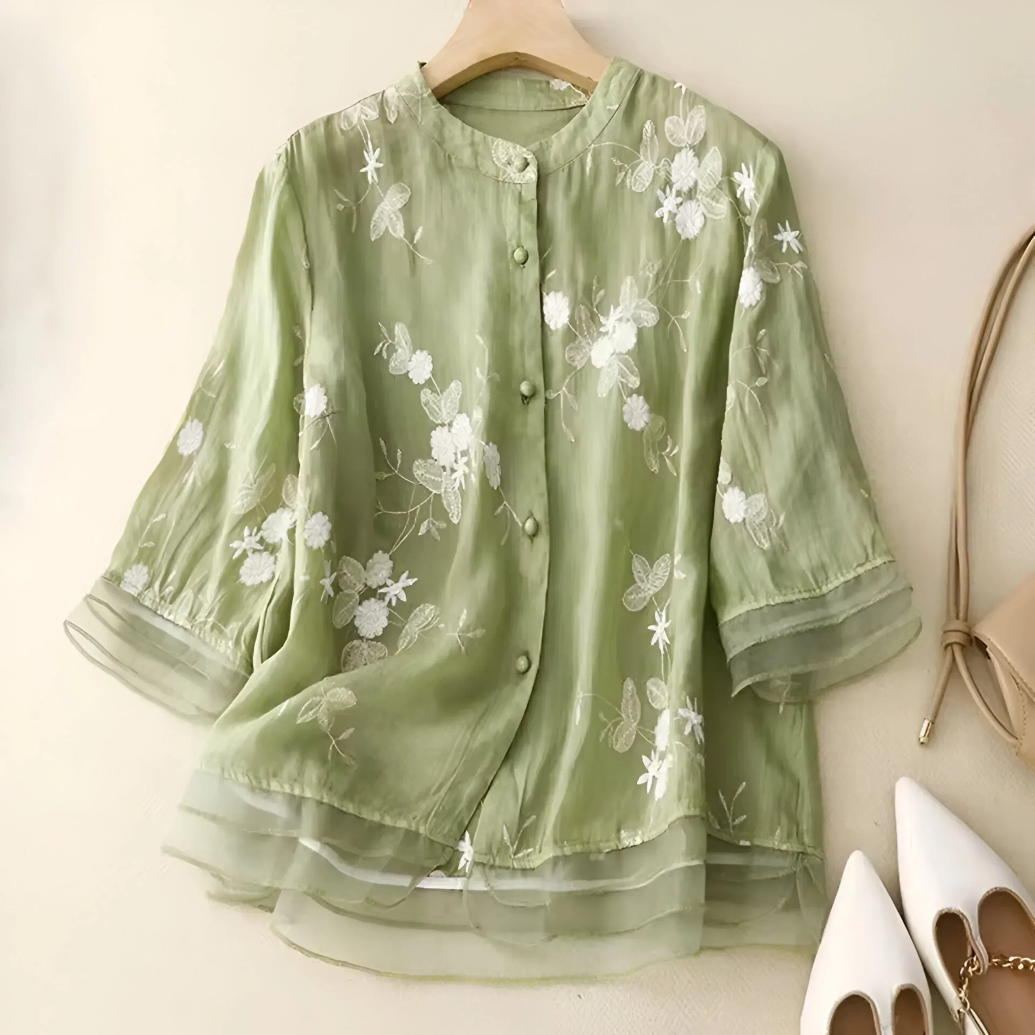 Women's Cotton Top Embroidered Flowers Feminine Soft Breathable Casual Elegant Everyday – Emily - Lolly 