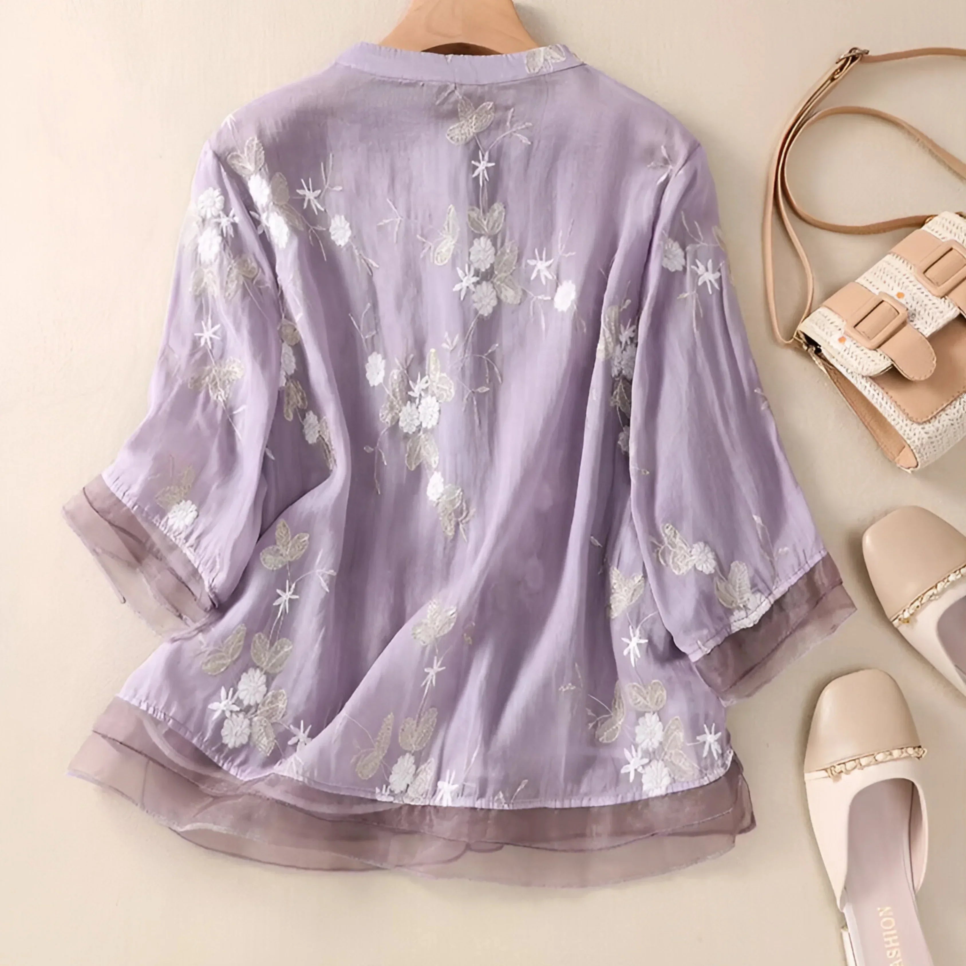 Women's Cotton Top Embroidered Flowers Feminine Soft Breathable Casual Elegant Everyday – Emily - Lolly 