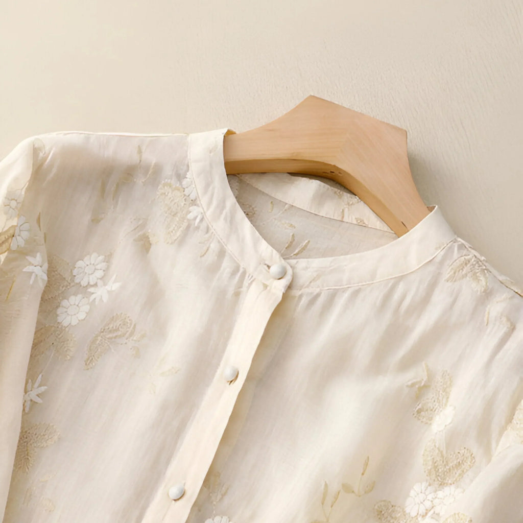 Women's Cotton Top Embroidered Flowers Feminine Soft Breathable Casual Elegant Everyday – Emily - Lolly 