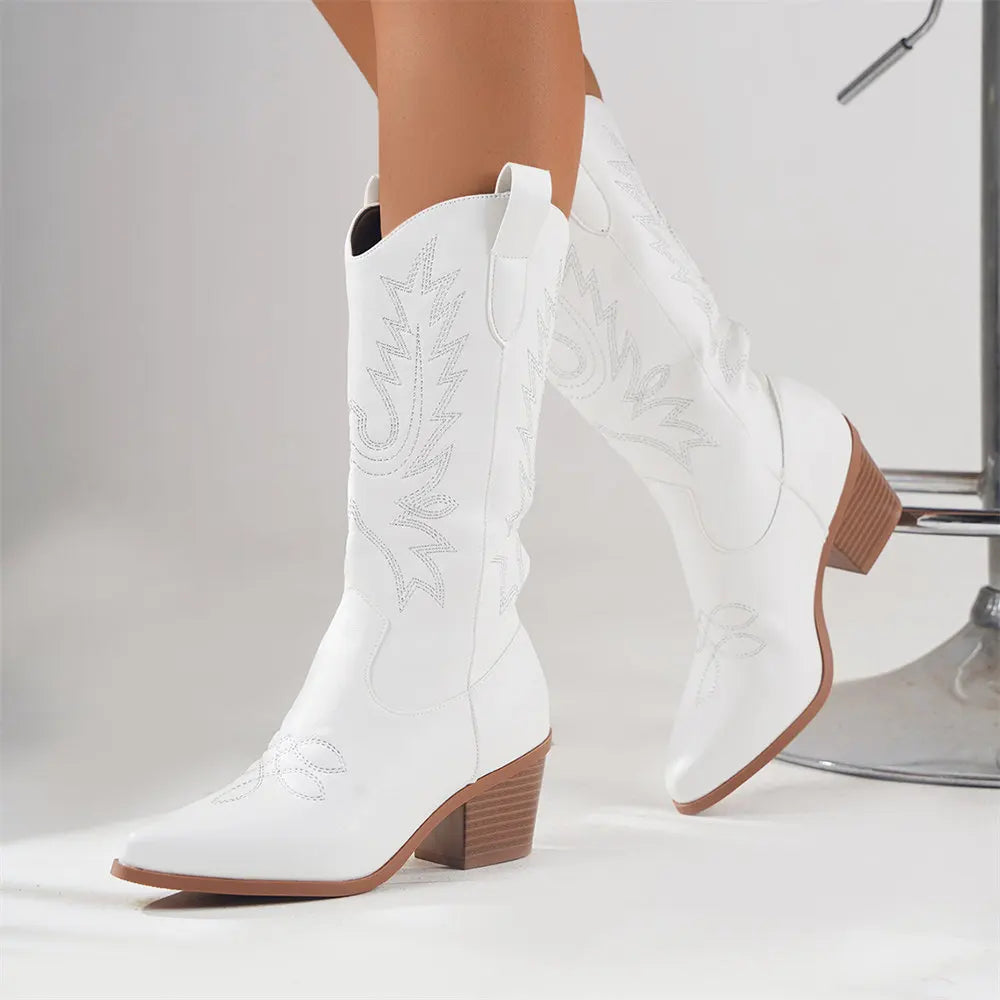Women's Cowboy Boots Knee-High Western Pointed Toe Pull-On Block Heel - Lolly 