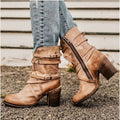 Women's Cowgirl Boots Mid-Calf Block Heel Buckle Strap Western Side Zip - Lolly 