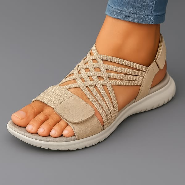 Women's Crisscross Elastic Strap Sandals Open Toe Slingback Cushioned Flat Summer Walking - Lolly 