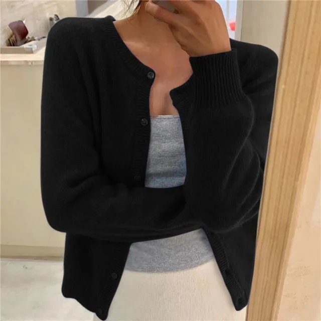Women's Cropped Cardigan Button Front Round Neck Relaxed Fit Knit Sweater - Lolly 