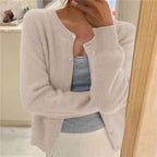Women's Cropped Cardigan Button Front Round Neck Relaxed Fit Knit Sweater - Lolly 
