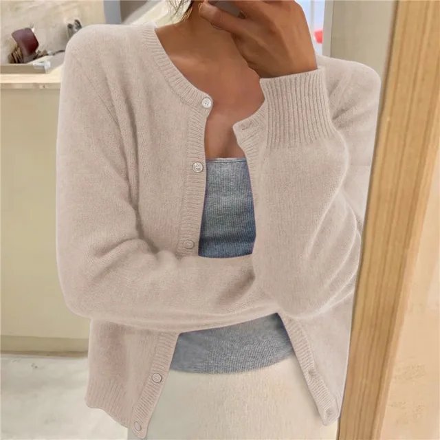 Women's Cropped Cardigan Button Front Round Neck Relaxed Fit Knit Sweater - Lolly 