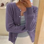 Women's Cropped Cardigan Button Front Round Neck Relaxed Fit Knit Sweater - Lolly 