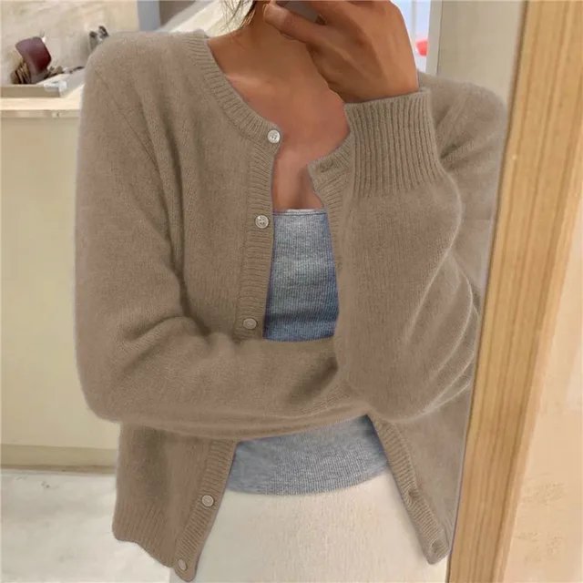 Women's Cropped Cardigan Button Front Round Neck Relaxed Fit Knit Sweater - Lolly 