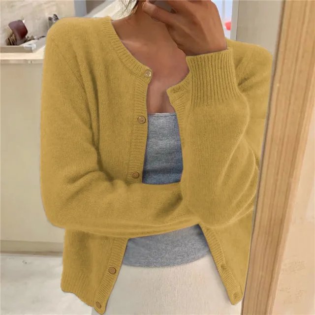 Women's Cropped Cardigan Button Front Round Neck Relaxed Fit Knit Sweater - Lolly 