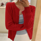Women's Cropped Cardigan Button Front Round Neck Relaxed Fit Knit Sweater - Lolly 