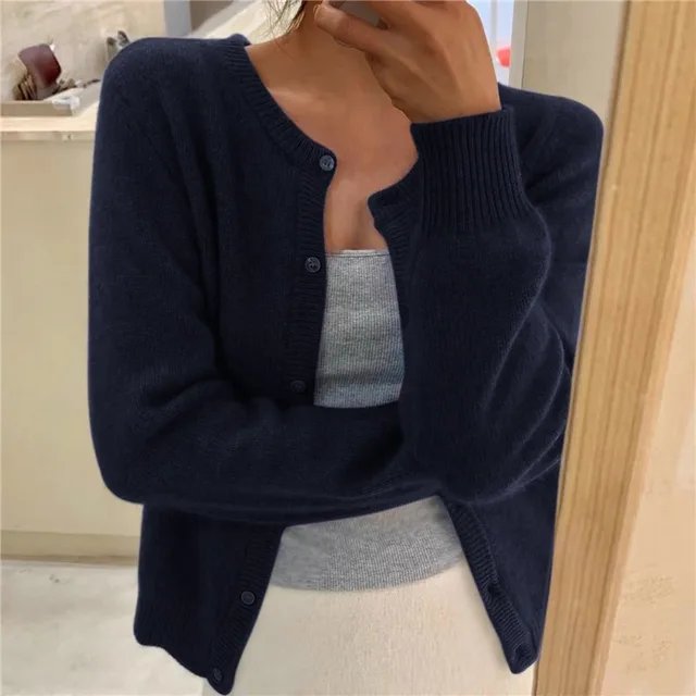Women's Cropped Cardigan Button Front Round Neck Relaxed Fit Knit Sweater - Lolly 