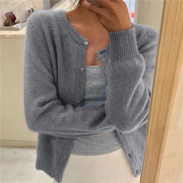 Women's Cropped Cardigan Button Front Round Neck Relaxed Fit Knit Sweater - Lolly 