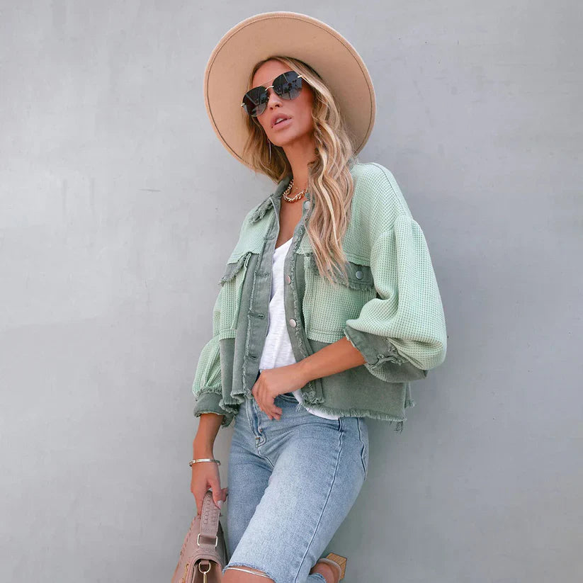 Women's Cropped Jacket – Balloon Sleeves, Frayed Hem & Button Front - Lolly 