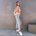 Women's Cropped Jacket – Balloon Sleeves, Frayed Hem & Button Front - Lolly 