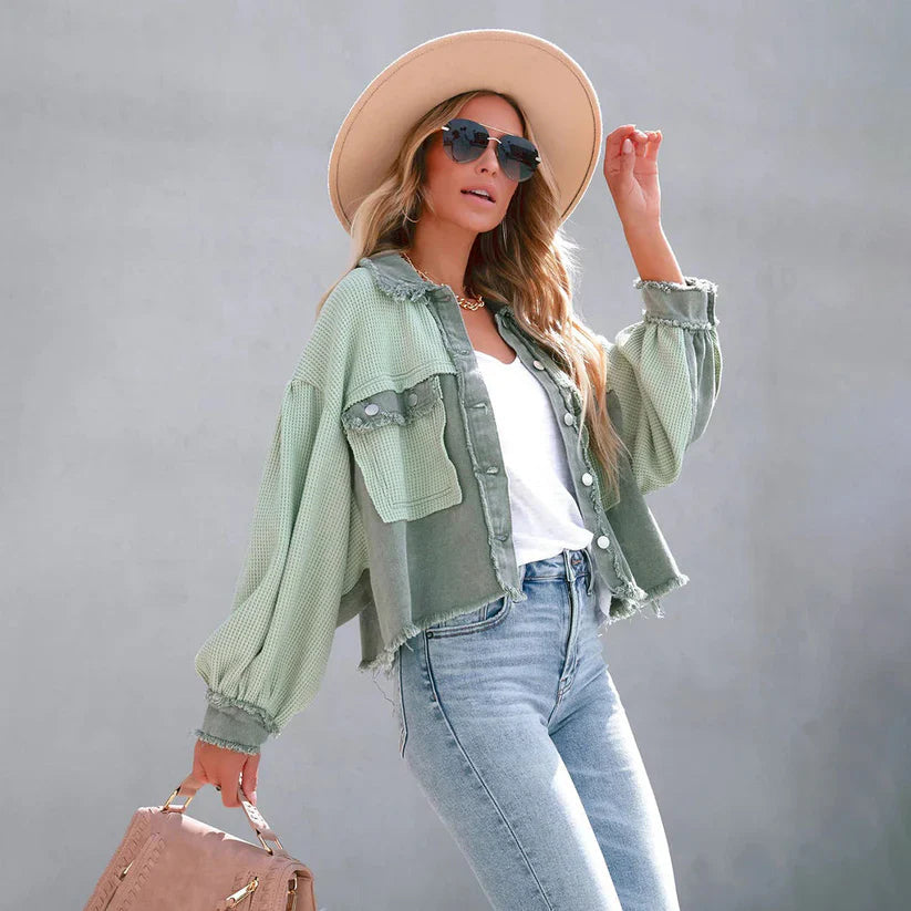 Women's Cropped Jacket – Balloon Sleeves, Frayed Hem & Button Front - Lolly 
