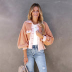 Women's Cropped Jacket – Balloon Sleeves, Frayed Hem & Button Front - Lolly 
