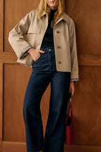 Women's Cropped Trench Coat Double-Breasted Check Lining Turn-Down Collar Casual Jacket - Lolly 