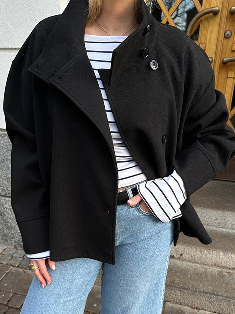Women's Double-Breasted Short Wool Coat Stand Collar Winter Casual Outerwear - Lolly 