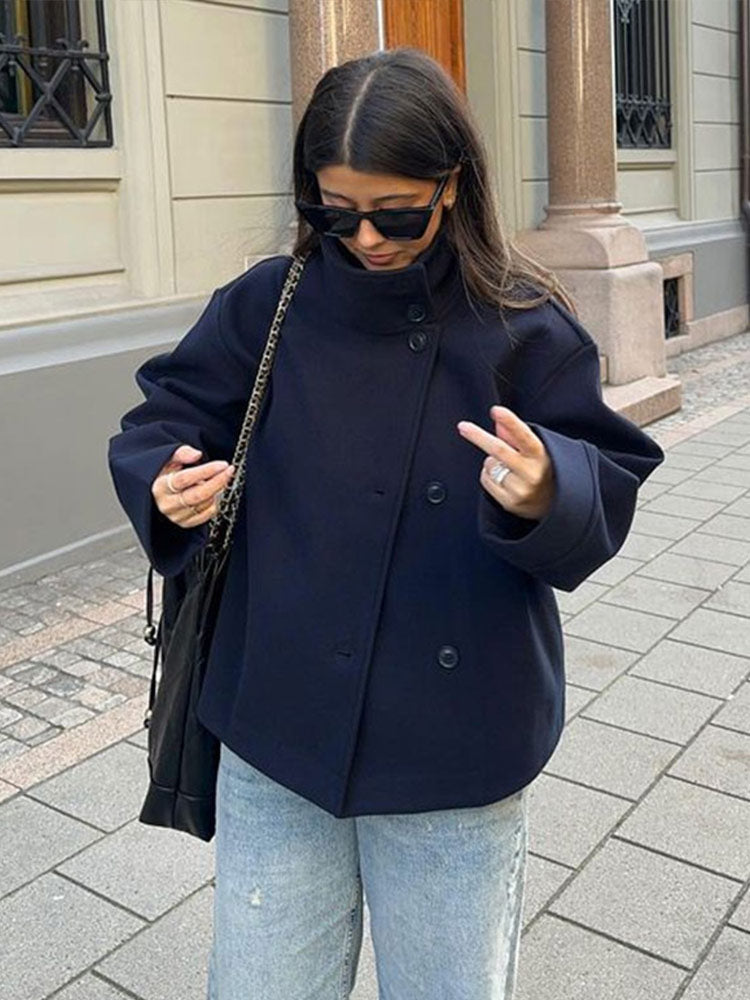 Women's Double-Breasted Short Wool Coat Stand Collar Winter Casual Outerwear - Lolly 