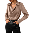 Women's Drape Neck Long Sleeve Satin Blouse Silky Elegant Office Evening Versatile Chic – Samantha - Lolly 