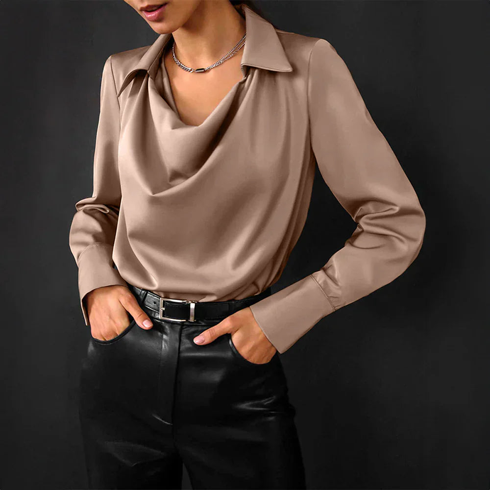 Women's Drape Neck Long Sleeve Satin Blouse Silky Elegant Office Evening Versatile Chic – Samantha - Lolly 