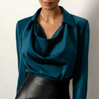 Women's Drape Neck Long Sleeve Satin Blouse Silky Elegant Office Evening Versatile Chic – Samantha - Lolly 