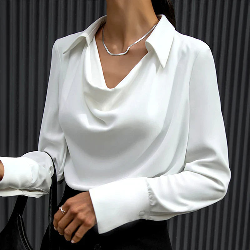 Women's Drape Neck Long Sleeve Satin Blouse Silky Elegant Office Evening Versatile Chic – Samantha - Lolly 