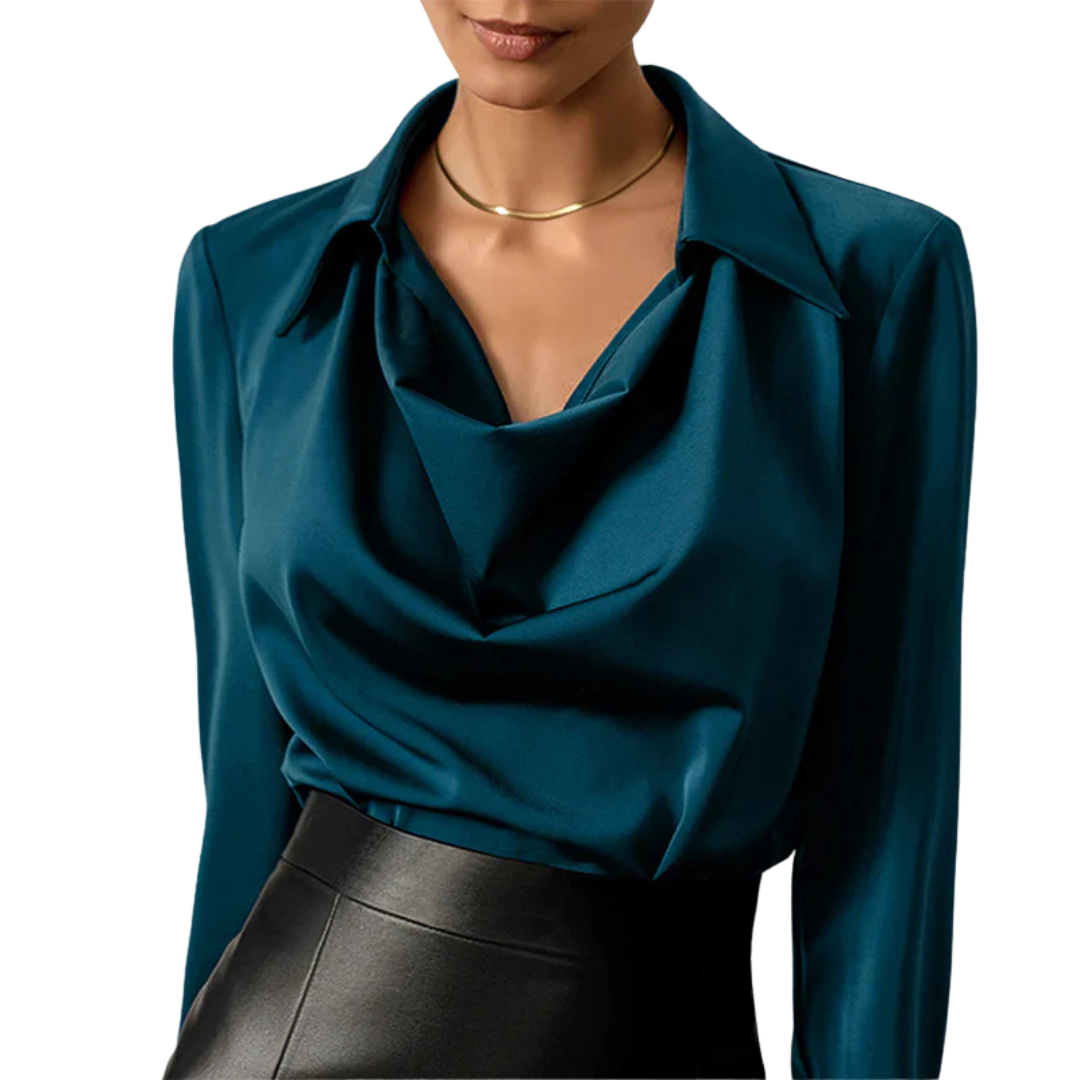 Women's Drape Neck Long Sleeve Satin Blouse Silky Elegant Office Evening Versatile Chic – Samantha - Lolly 