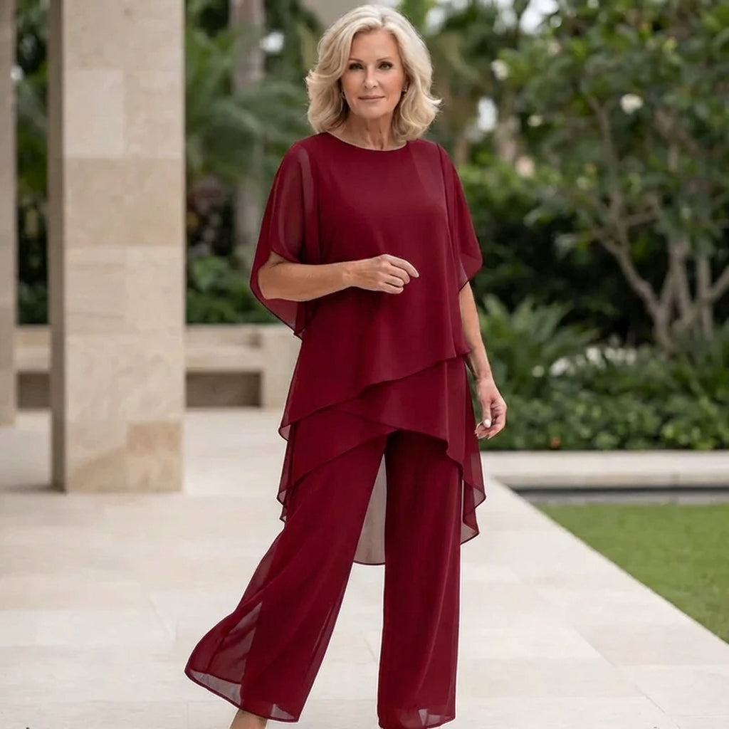 Women's Draped Double-Layer Top & Wide Leg Palazzo Pants Suit Asymmetrical Hem Elegant Formal Evening Wedding Guest Gala Mother of the Bride – Serenova - Lolly 