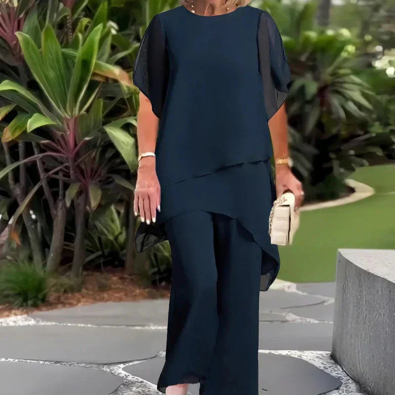 Women's Draped Double-Layer Top & Wide Leg Palazzo Pants Suit Asymmetrical Hem Elegant Formal Evening Wedding Guest Gala Mother of the Bride – Serenova - Lolly 