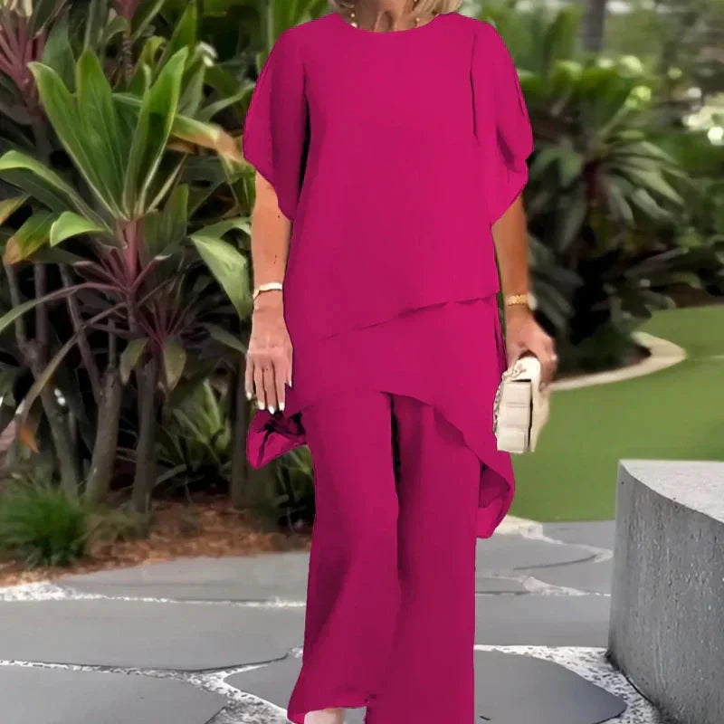 Women's Draped Double-Layer Top & Wide Leg Palazzo Pants Suit Asymmetrical Hem Elegant Formal Evening Wedding Guest Gala Mother of the Bride – Serenova - Lolly 