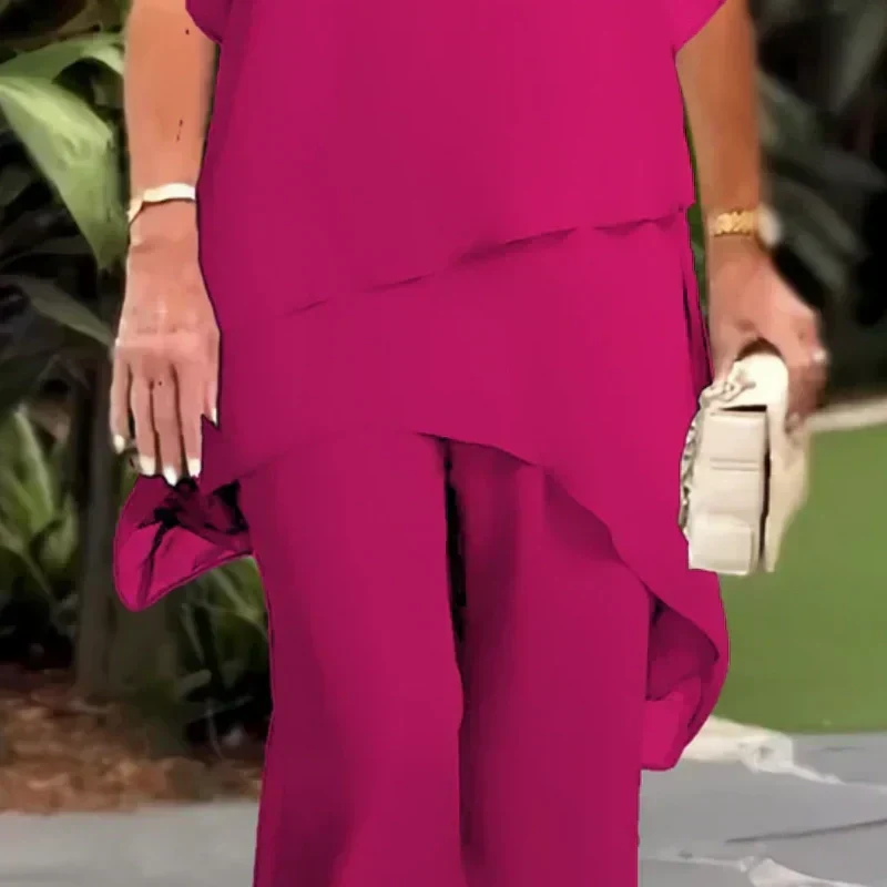 Women's Draped Double-Layer Top & Wide Leg Palazzo Pants Suit Asymmetrical Hem Elegant Formal Evening Wedding Guest Gala Mother of the Bride – Serenova - Lolly 