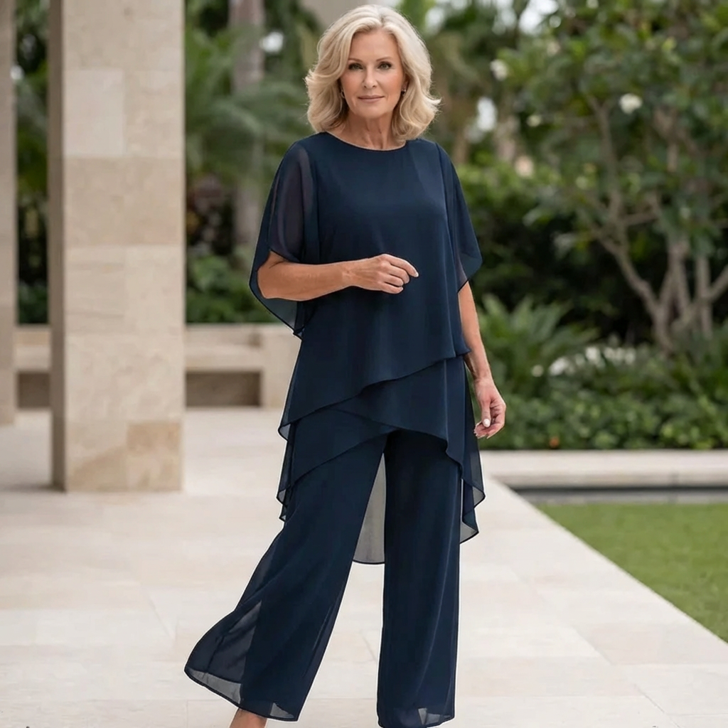 Women's Draped Double-Layer Top & Wide Leg Palazzo Pants Suit Asymmetrical Hem Elegant Formal Evening Wedding Guest Gala Mother of the Bride – Serenova - Lolly 