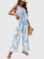 Women's Elegant 2-Piece Summer Set Square Neck Top Wide-Leg Pants Floral Print Casual Chic – Brenda - Lolly 