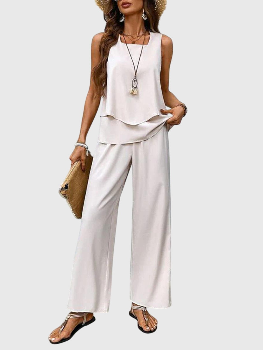 Women's Elegant 2-Piece Summer Set Square Neck Top Wide-Leg Pants Floral Print Casual Chic – Brenda - Lolly 