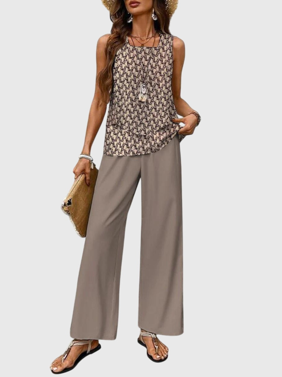 Women's Elegant 2-Piece Summer Set Square Neck Top Wide-Leg Pants Floral Print Casual Chic – Brenda - Lolly 
