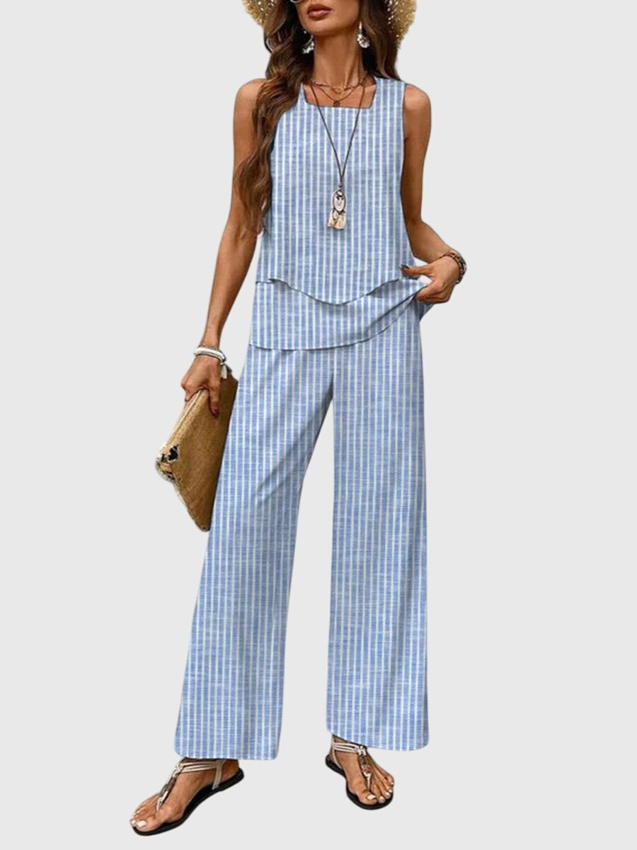 Women's Elegant 2-Piece Summer Set Square Neck Top Wide-Leg Pants Floral Print Casual Chic – Brenda - Lolly 