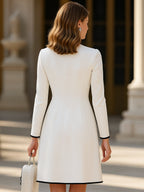 Women's Elegant Colorblock Cowgirl Midi Dress Faux Wool Button Round Neck Formal Dress – Ivory White - Lolly 